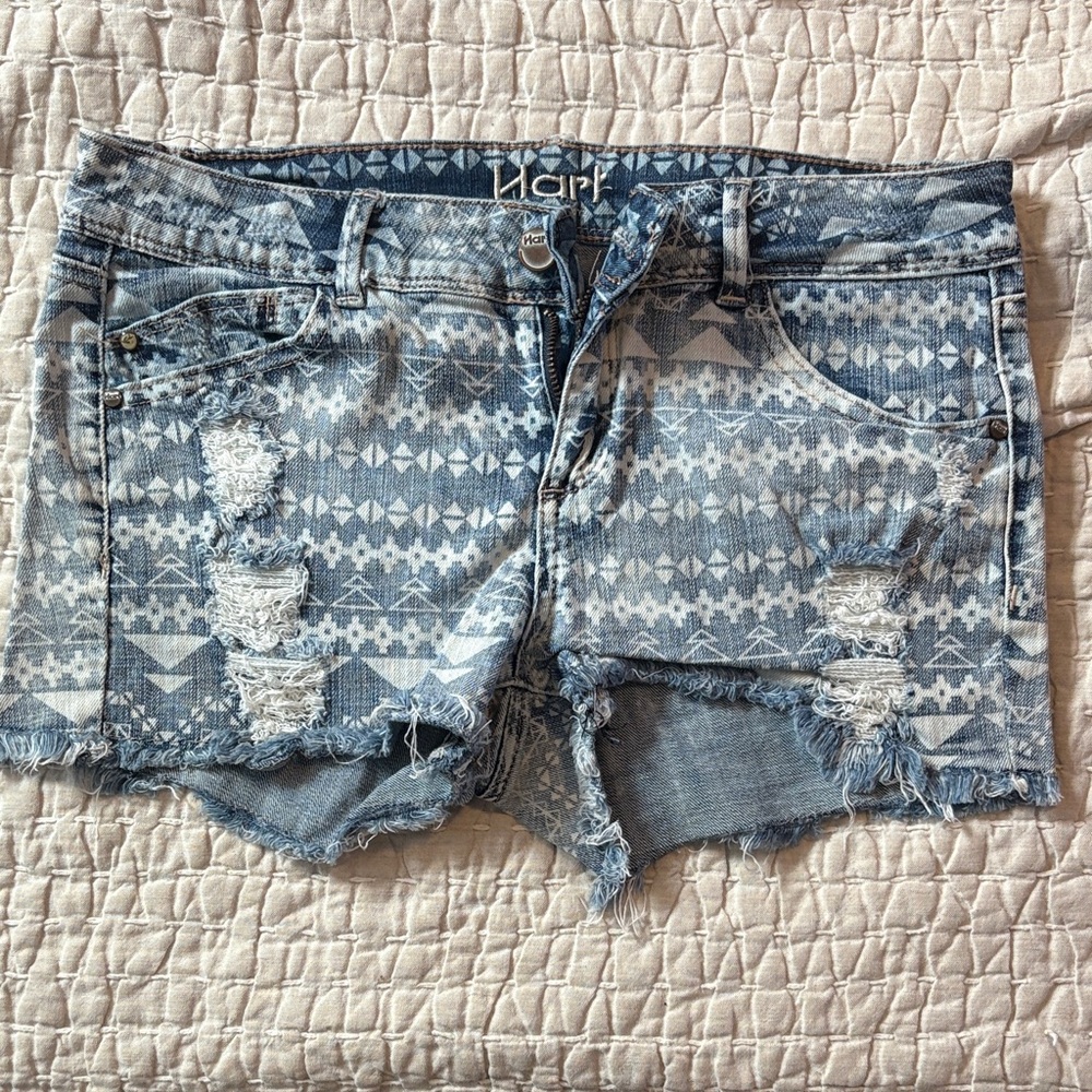 Blue Patterned Distressed Jean Shorts